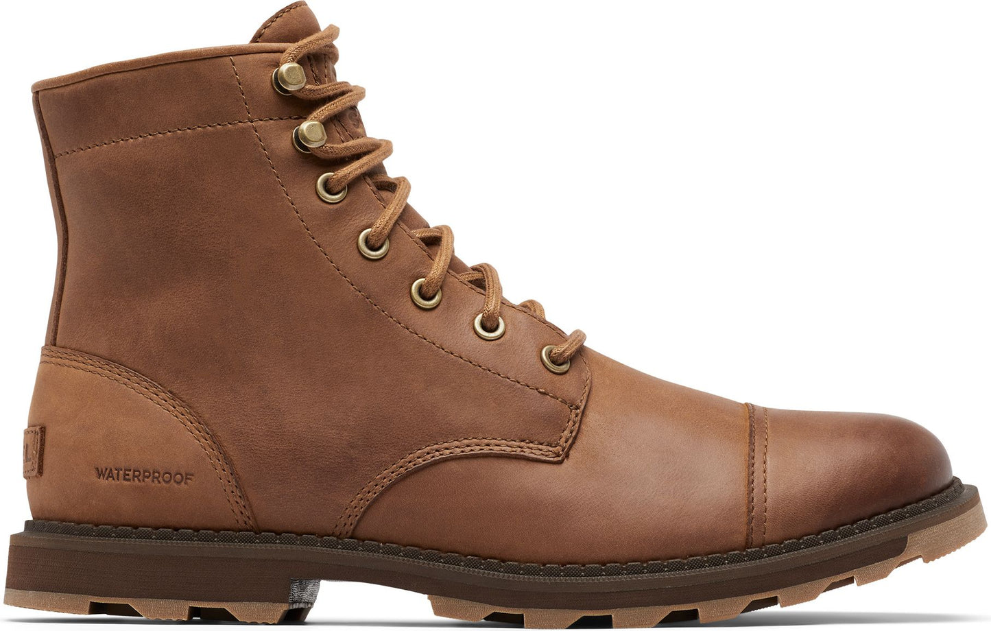 A brown leather work boot with metal eyelets and a cap toe.