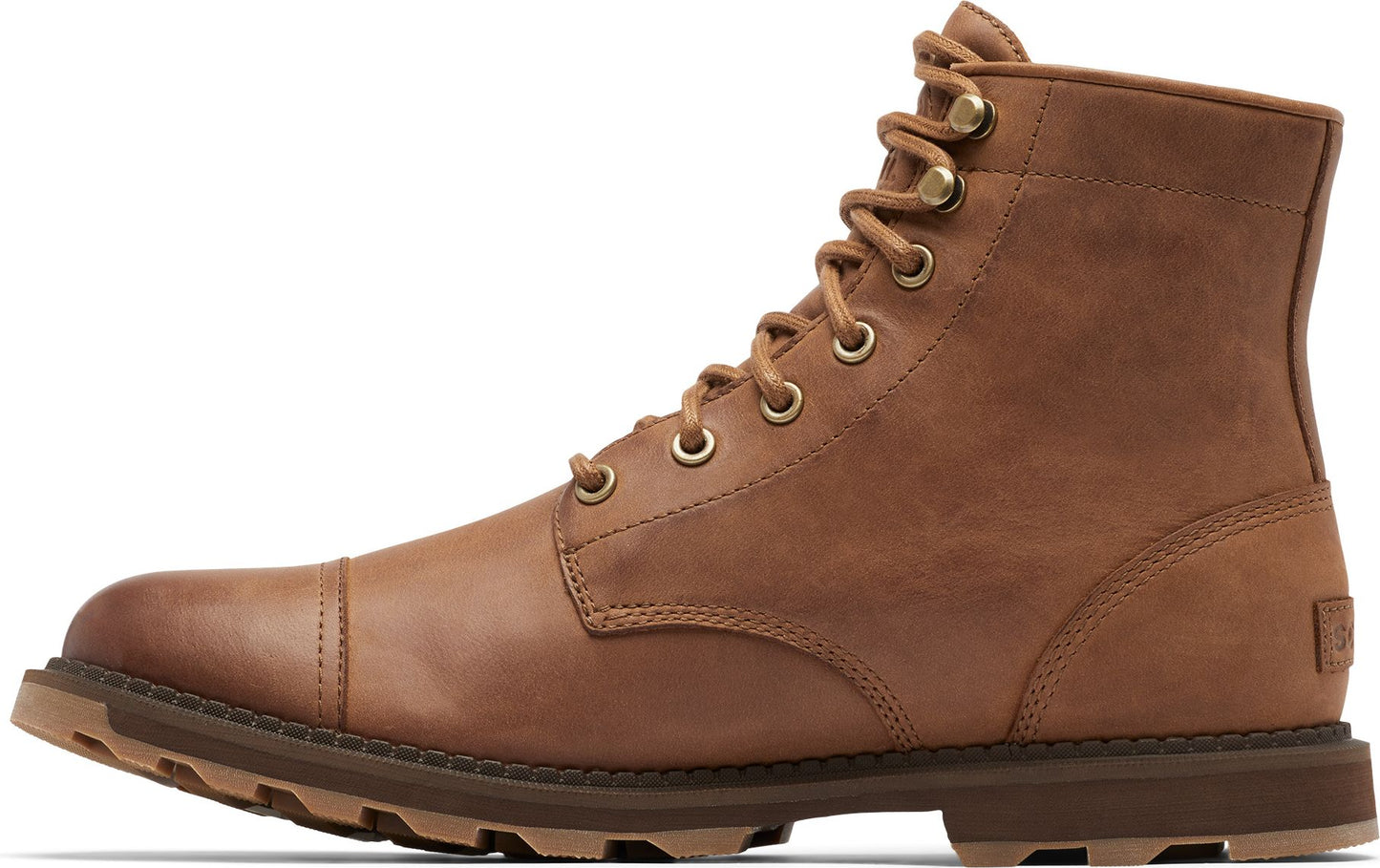 Tan leather boot with cap toe and bronze-colored eyelets.