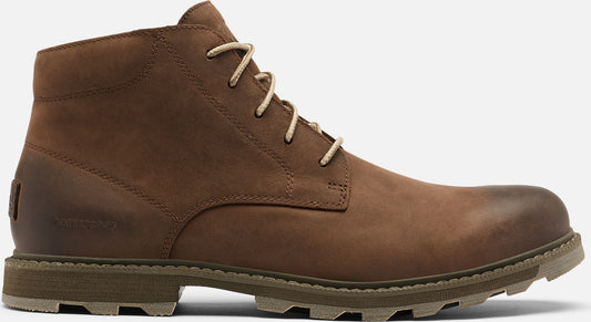 Brown leather ankle boot with light beige laces and a lug sole.