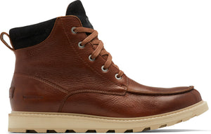 A brown, mid-rise, leather boot with tan laces, silver eyelets, black fabric lining and a tan sole.