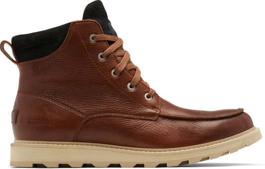 A brown, mid-rise, leather boot with tan laces, silver eyelets, black fabric lining and a tan sole.