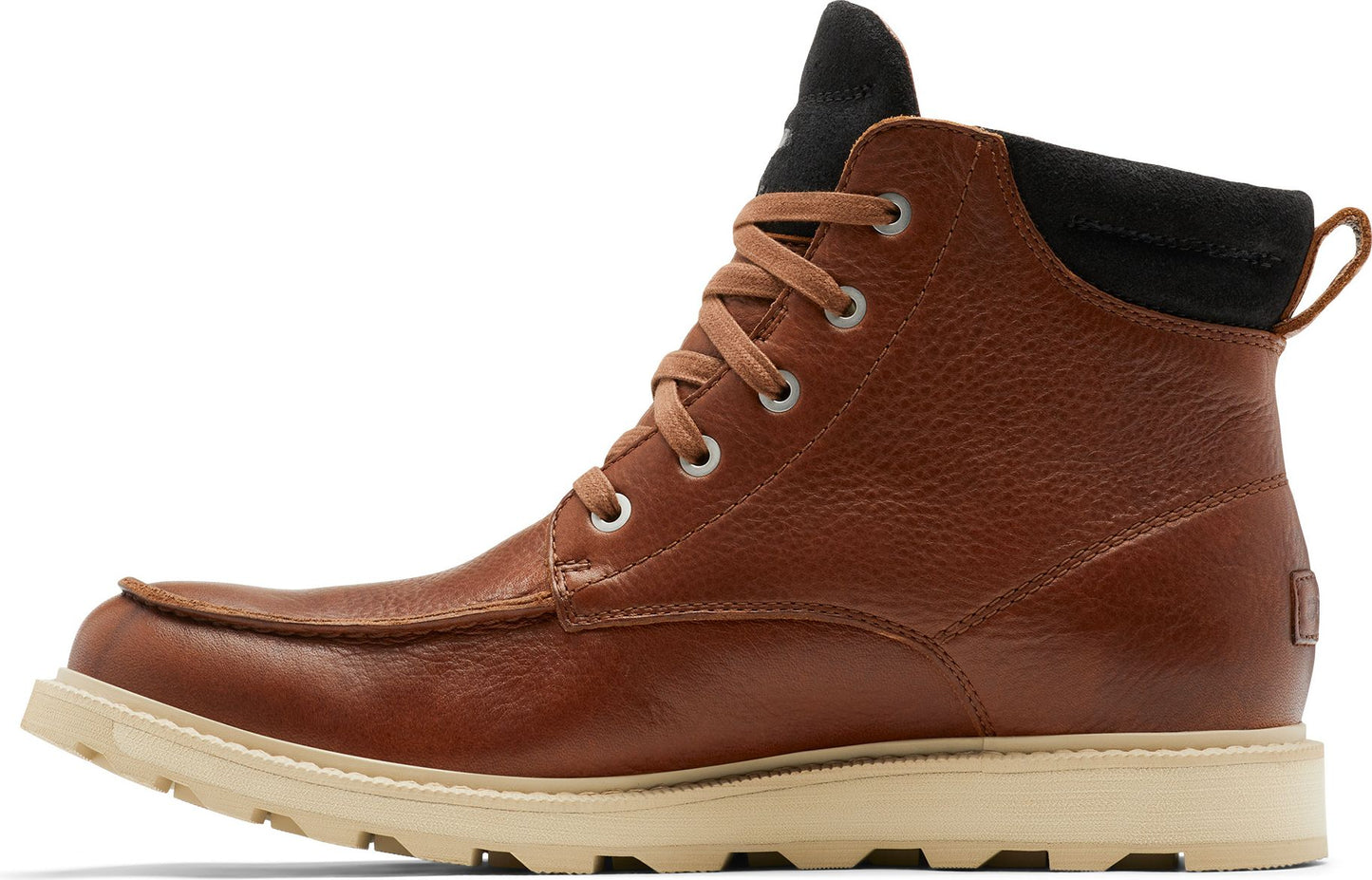 A brown leather ankle boot with laces and a contrasting black collar on a white sole.