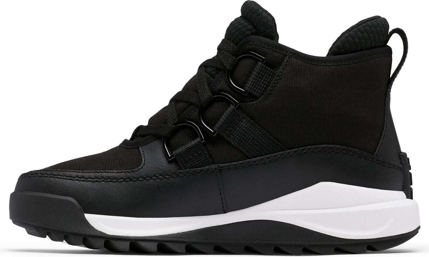 Black boot with black laces, black and white sole, and heel pull tab.