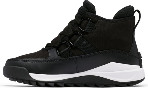 Black boot with black laces, black and white sole, and heel pull tab.