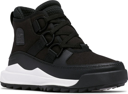 Black ankle boot with laces and white sole.