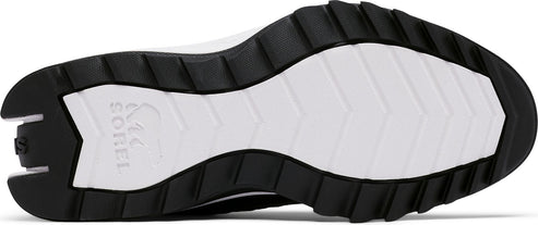 The bottom of a shoe with a white sole and a black tread.