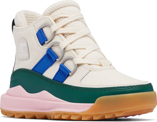 High-top sneaker with green and pink midsole and tan sole, off-white uppers, cord laces and blue fabric trim.
