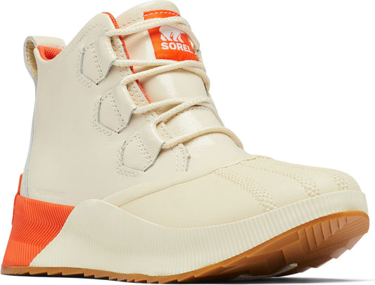 Beige high-top boot with orange accent on the heel and logo tag.