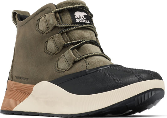 Olive green boot with suede, black, and white sole, with 'SOREL' written on the tongue.