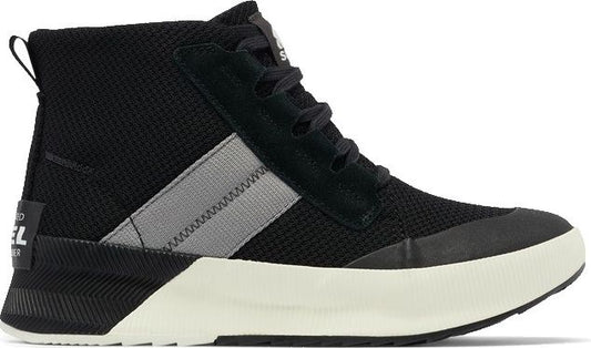 Side view of a black high top sneaker with grey stripe and white sole.