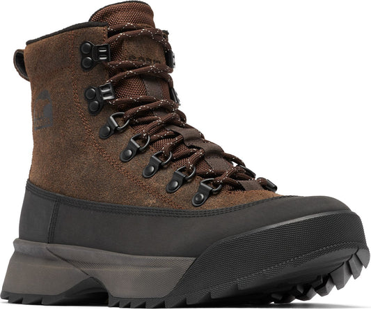 Brown suede boot with black trim and laces.