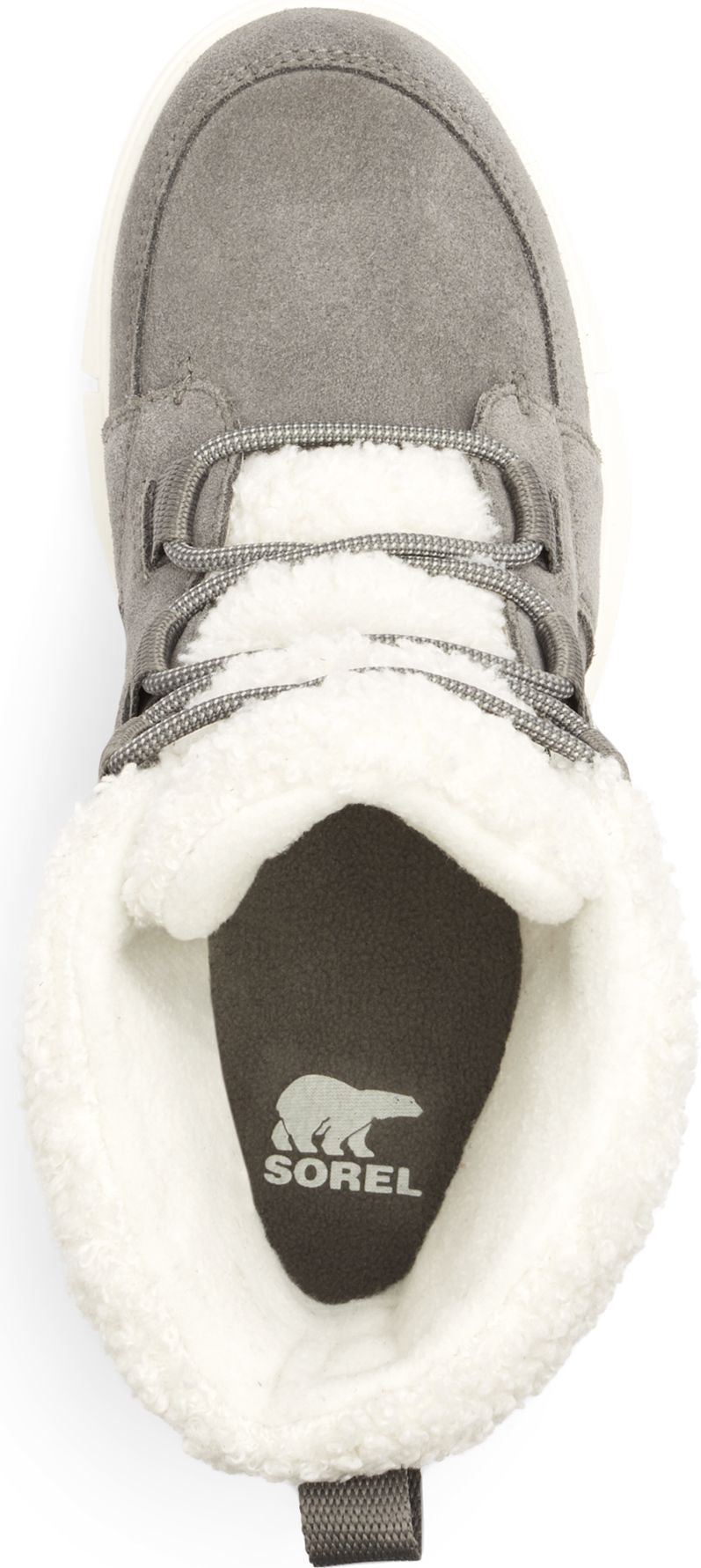 A close-up of a gray boot with white fur lining and laces.