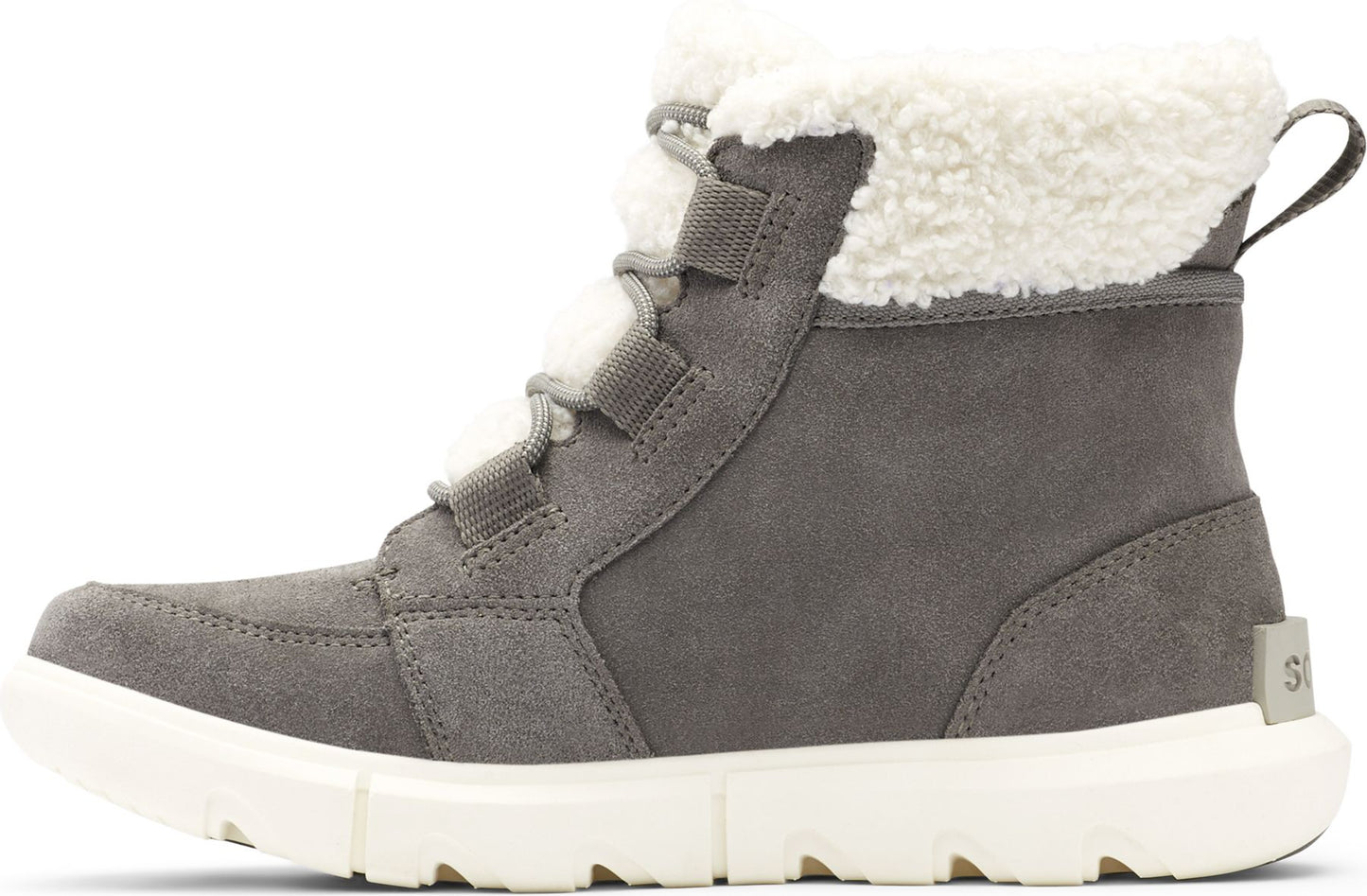A gray suede lace-up boot with a white sherpa collar and white sole.