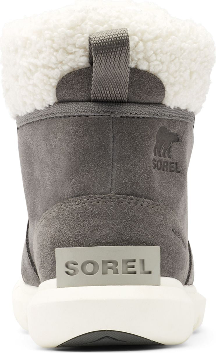 Rear view of a gray suede boot with white trim and white sole. "SOREL" is embossed on the heel in gray and white.