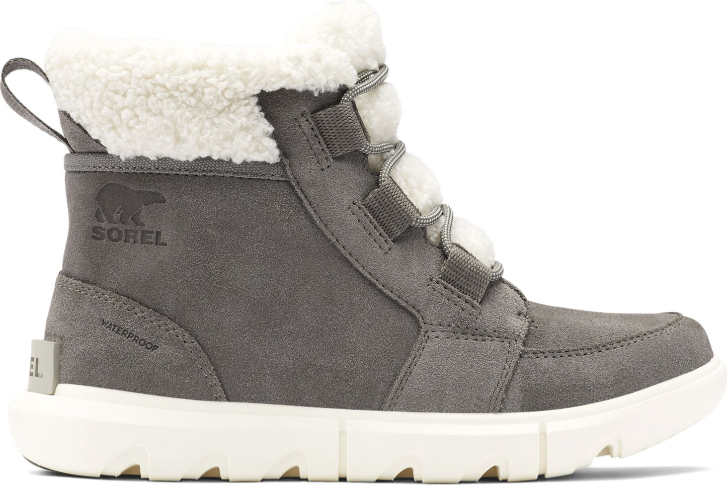 Gray suede waterproof boot with white faux fur trim and thick white sole, laces, and a pull tab.