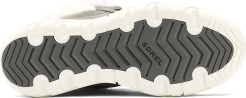The shoe's sole is white with gray rubber treads. The word "SOREL" is visible on the tread.