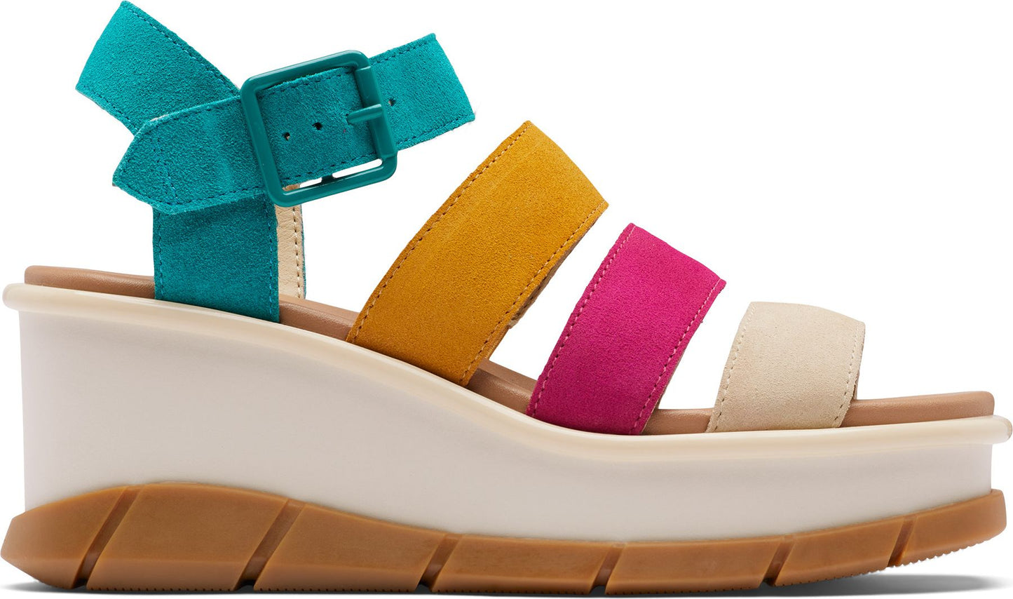 Platform sandals with colorful toe straps (yellow, pink, beige) and a teal heel strap.