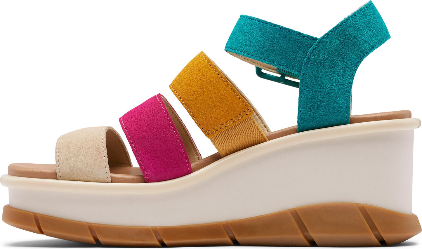 Platform sandal with beige, pink, mustard, and teal straps.