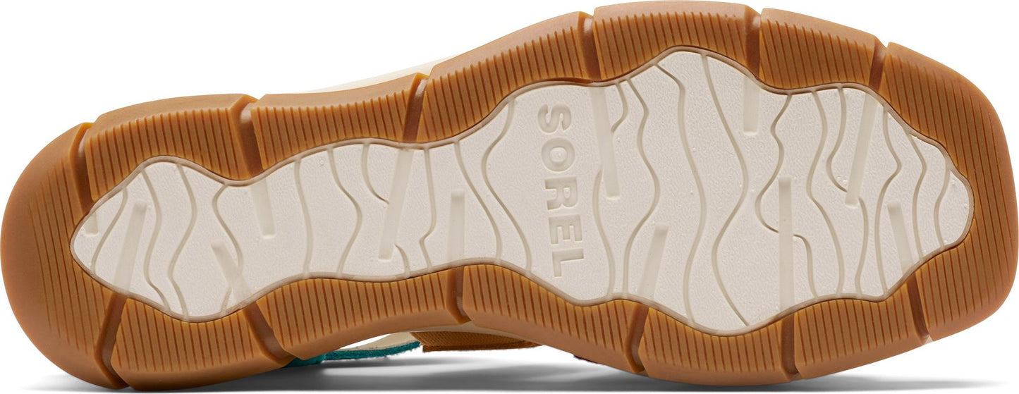 A sandal sole with brown ridged edges and the word "SOREL" in the center.