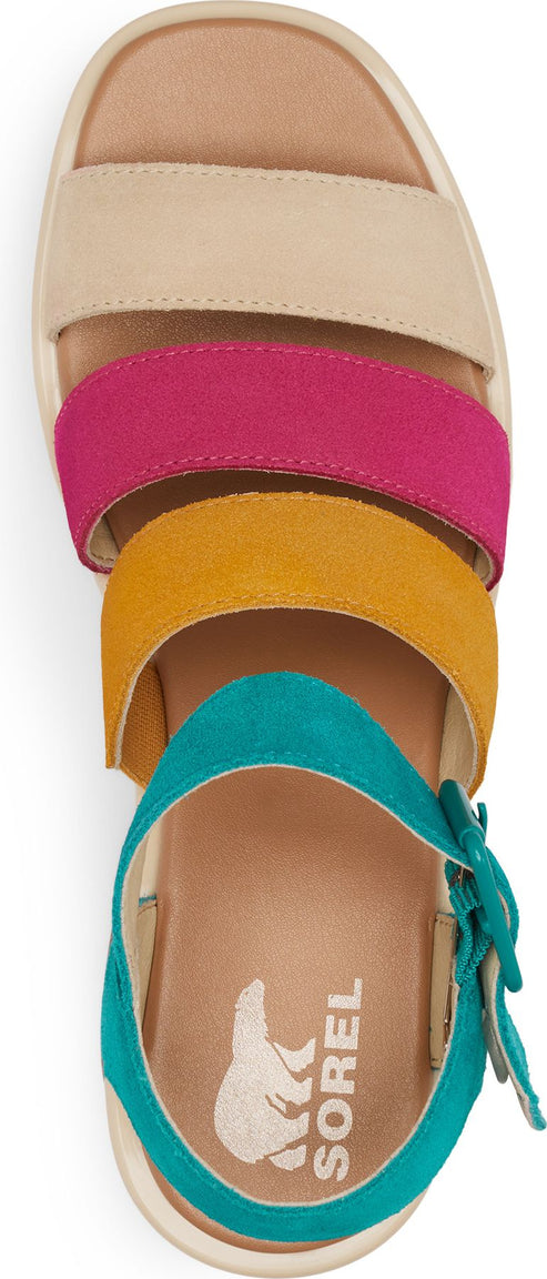 A colorful sandal with cream, pink, yellow, and teal straps.