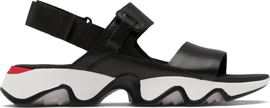 Black sandal with a white and black sole and adjustable straps.