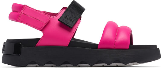 A pink sandal with black straps and a thick black platform sole.