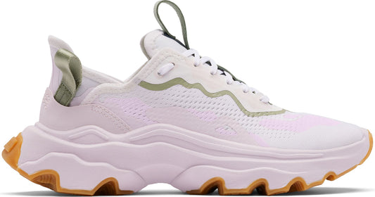 White sneaker with tan-colored sole, wavy design.