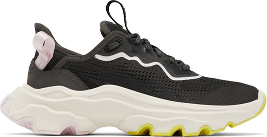 Low top sneaker featuring a gray mesh upper, white wavy lines near the midsole, a chunky white and yellow sole, gray laces, and pink heel tab.