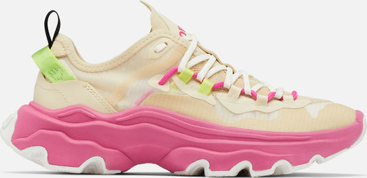 A tan and pink athletic shoe.