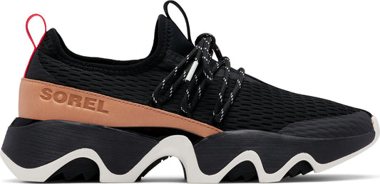 A black sneaker with the text "SOREL" on the side.