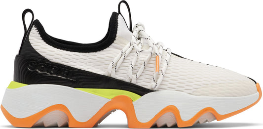 A white sneaker with a black heel and orange and yellow accents.
