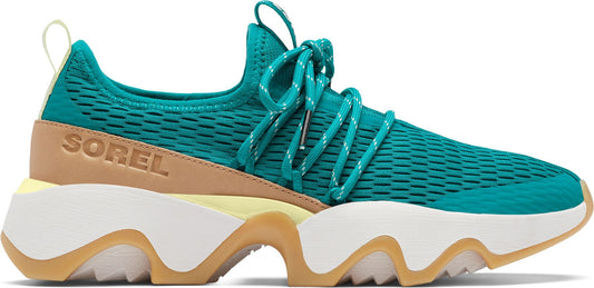 Turquoise colored sneaker with white wavy sole and the word SOREL on the side.