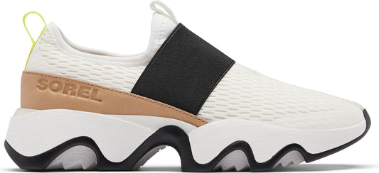 A slip-on shoe featuring a white mesh upper, a black elastic strap, a white midsole, and a black outsole.