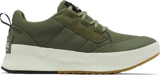 A green sneaker with a white sole and brown bottom.