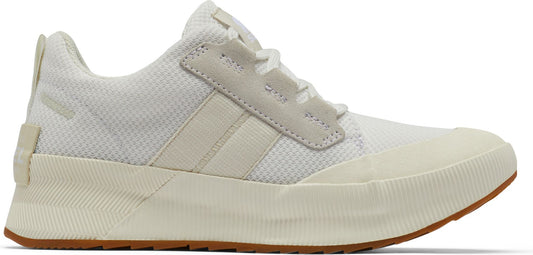 A white athletic shoe with a brown sole.