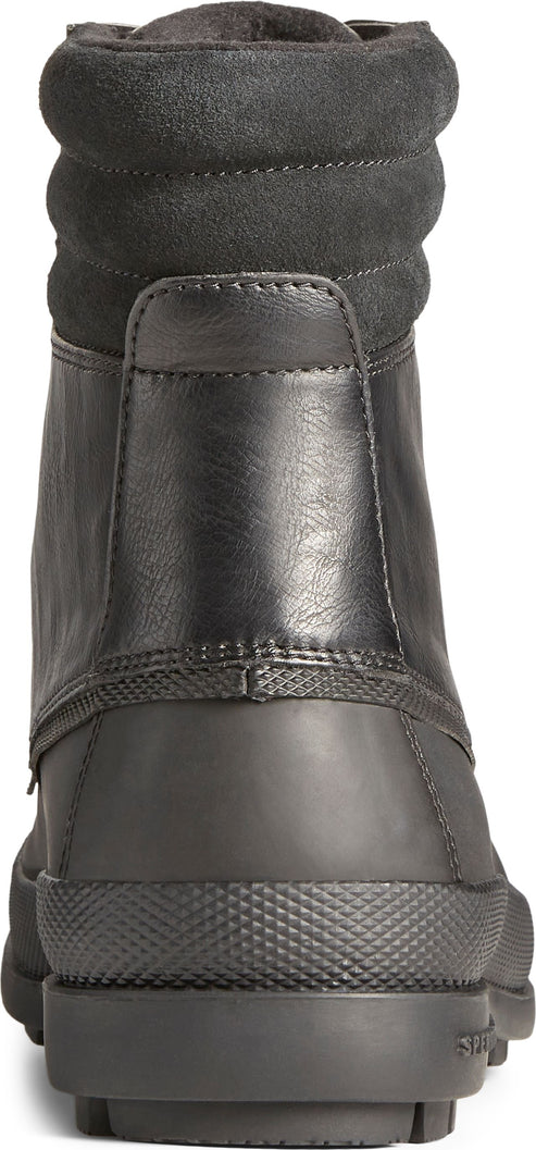 Rear view of a black boot with a padded collar.