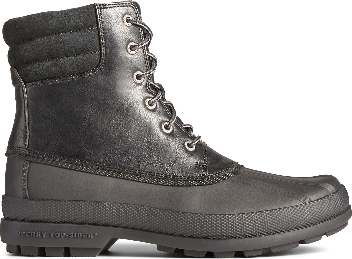 Black lace-up boot with black rubber sole. 'SPERRY TOP-SIDER' is on the side of the sole.