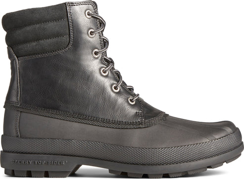Black lace-up boot with black rubber sole. 'SPERRY TOP-SIDER' is on the side of the sole.