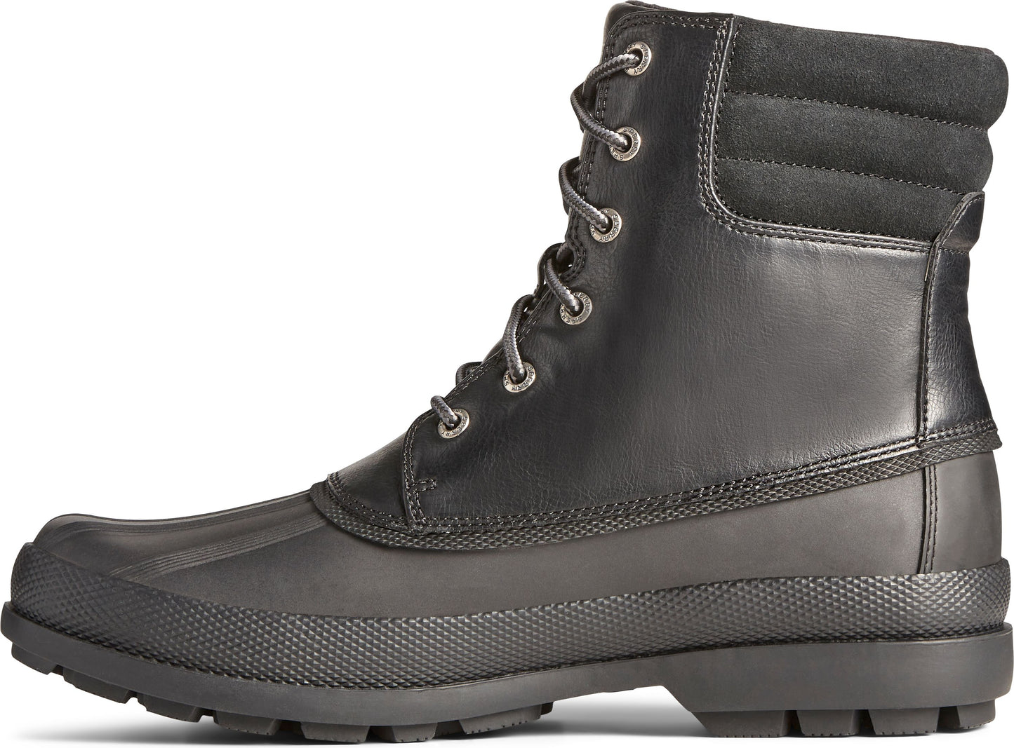 Black lace-up ankle boot with rubber sole.