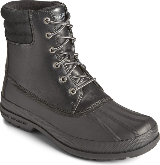 Black waterproof ankle boot with gray laces, rubber toe, and a black textile collar.