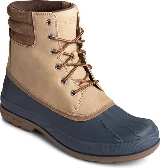 Lace-up ankle boot featuring a dark blue waterproof rubber toe cap, tan leather upper, padded brown suede collar, and brown laces with metal eyelets.