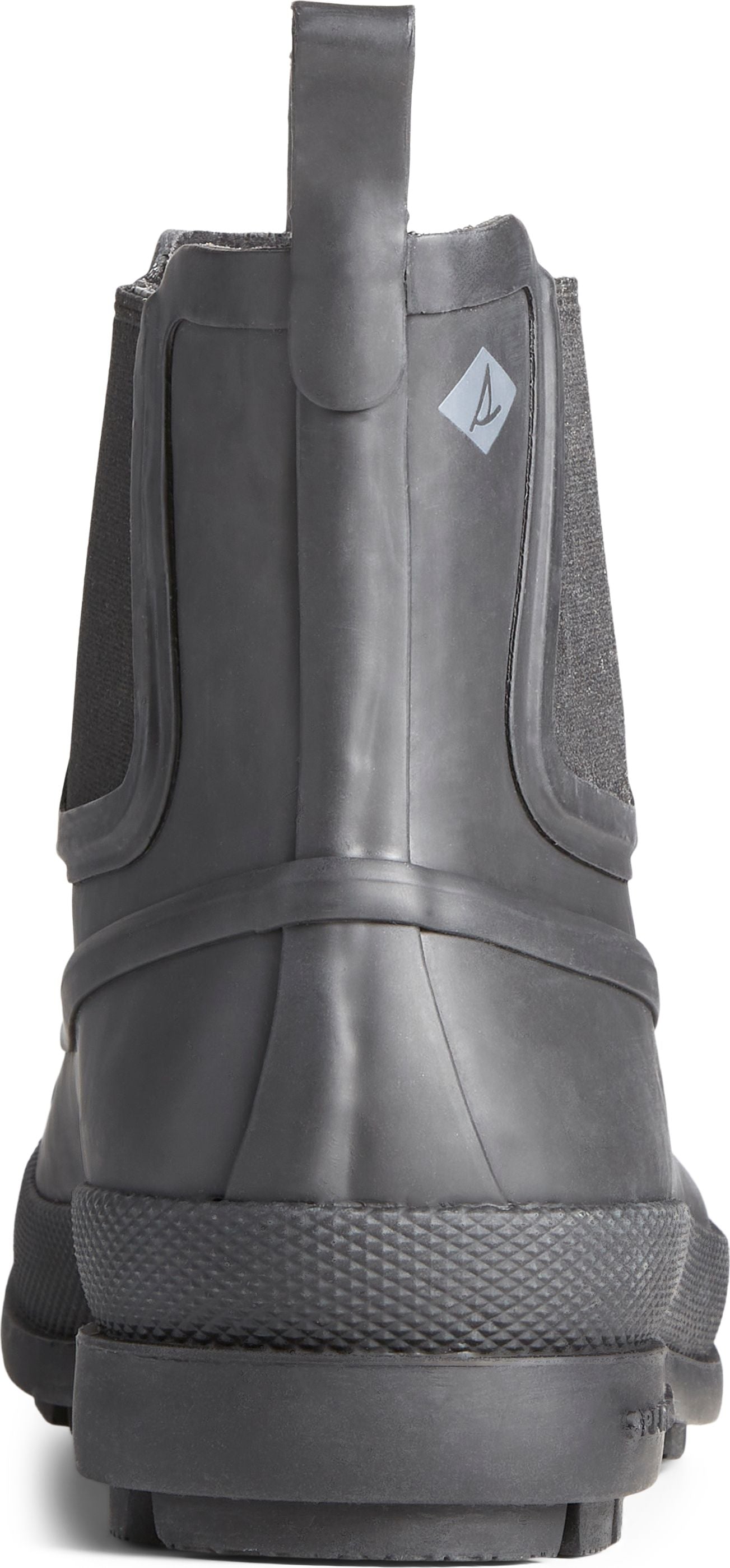 A back shot of a gray boot with a pull tab.
