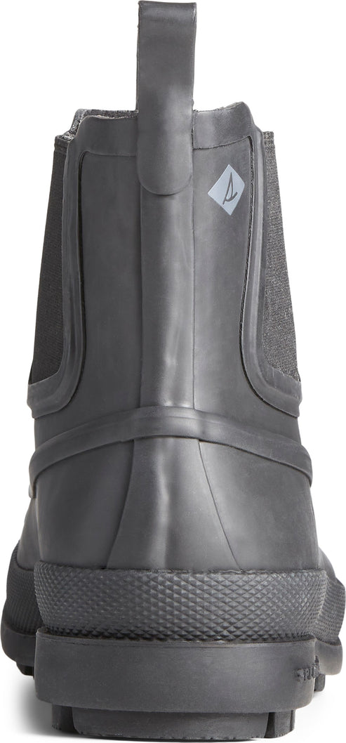 A back shot of a gray boot with a pull tab.