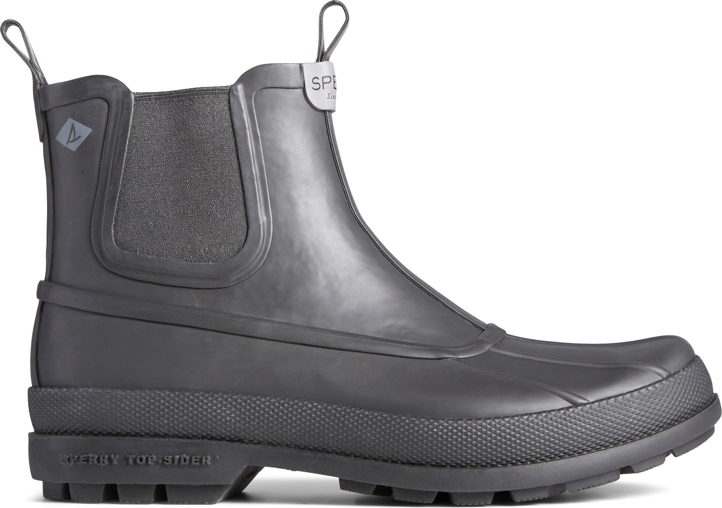 Gray rubber ankle boot with elastic side panels and pull tabs.