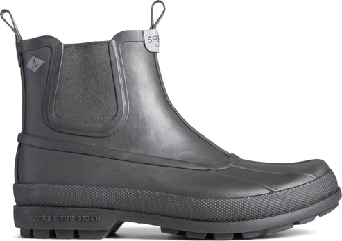 Gray rubber ankle boot with elastic side panels and pull tabs.