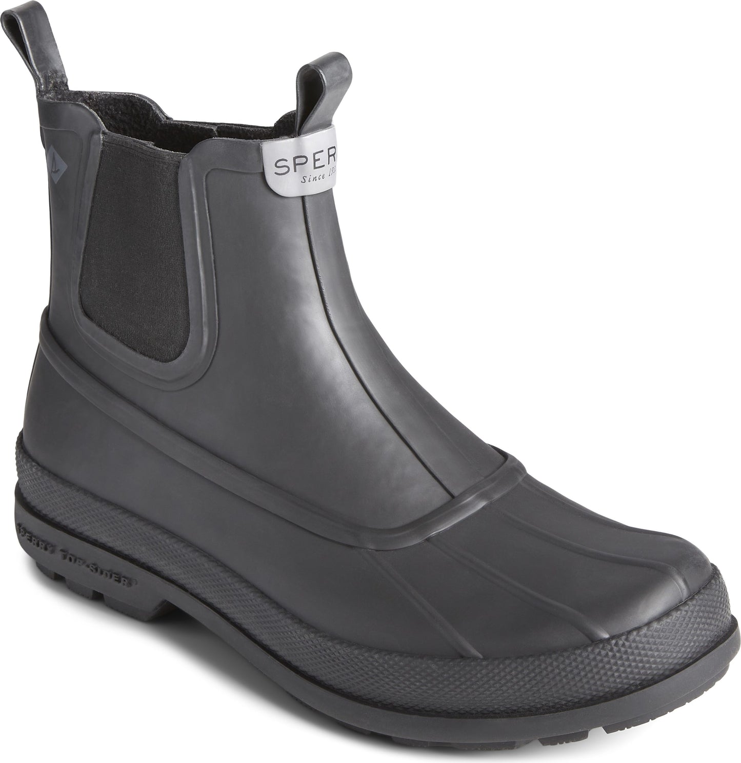 Low-cut, black rubber boot with elastic goring and pull tabs.