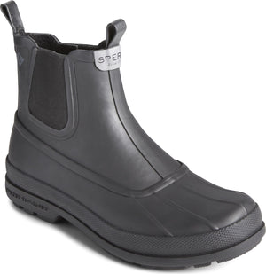 Low-cut, black rubber boot with elastic goring and pull tabs.