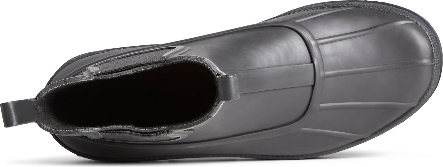 Top-down view of a gray ankle boot, showing the opening and pull tab.