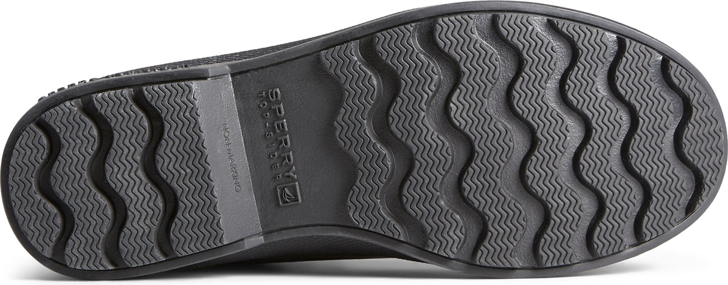The outsole of a shoe with wave-shaped tread pattern.