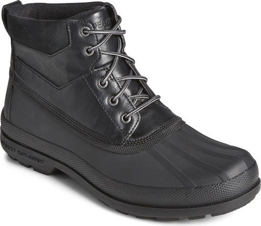 Black ankle duck boot with lace-up closure.